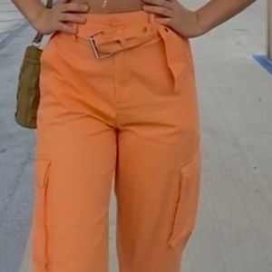 Orange Soft Stretch Pants With Detachable Belt